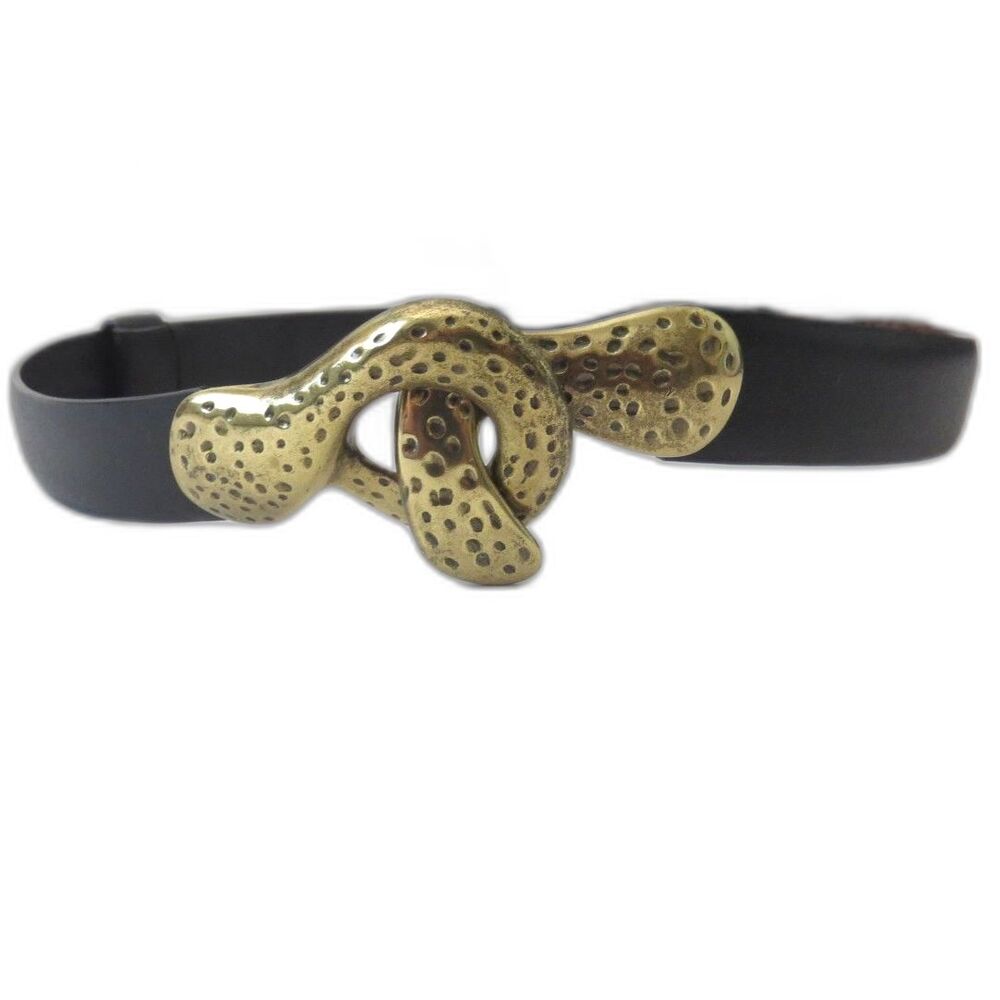Chico's Women's Vintage Hammered Brass Adjustable Belt Black Leather S/M NWOT - Picture 2 of 7